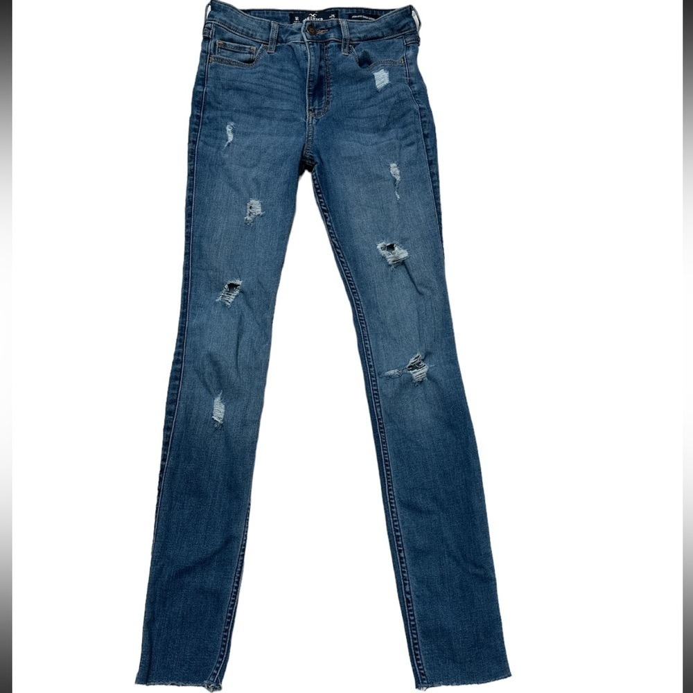 Hollister High Rise Super Skinny Distressed Women’s Blue Jeans Raw Hem **Flaw